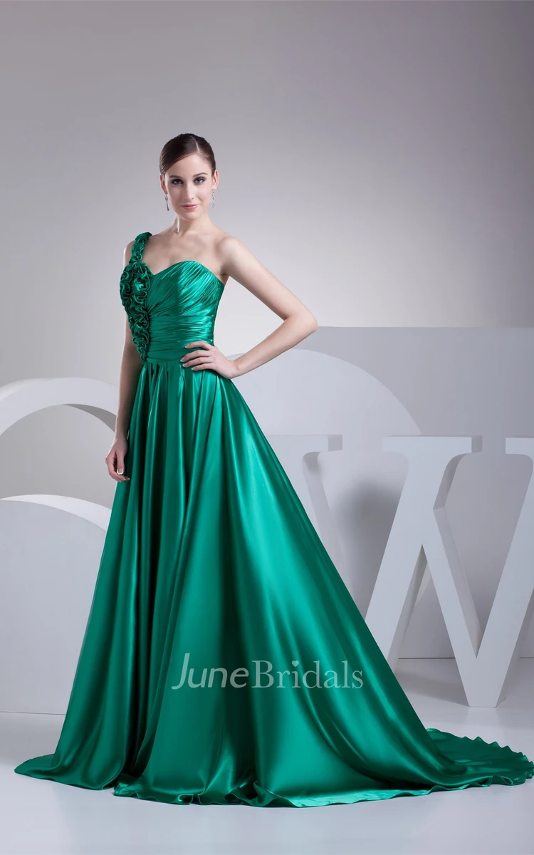 Sleeveless Ruffled A-Line Gown with Pleats and Sweep Train