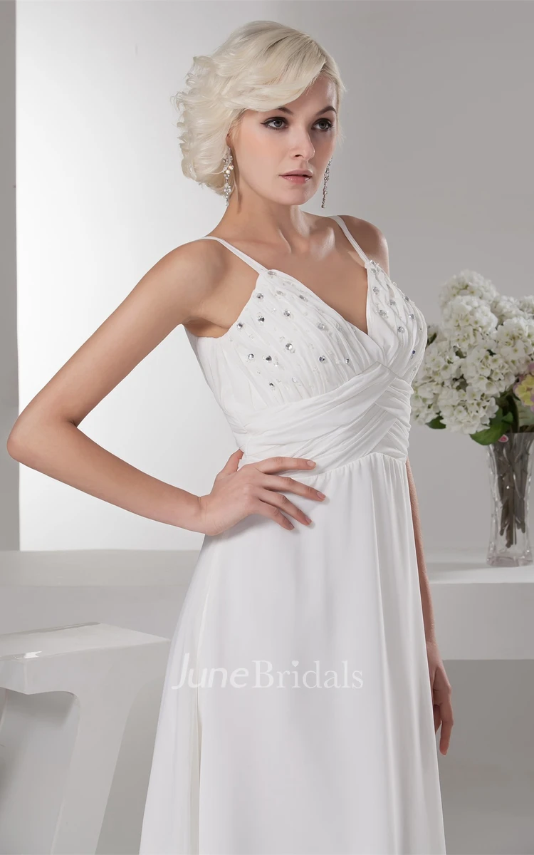 Spaghetti-Strap Ankle-Length Chiffon Dress with Beading and Ruching