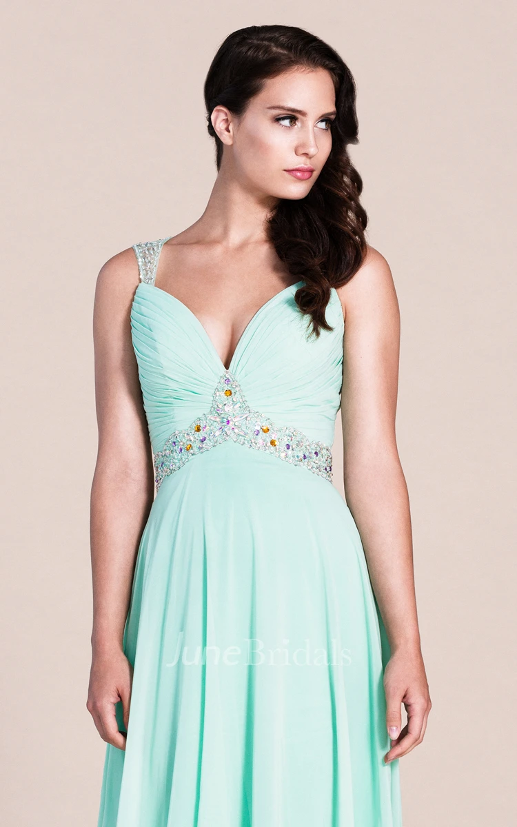 Plunging Neck Long Prom Dress with colorful Beading