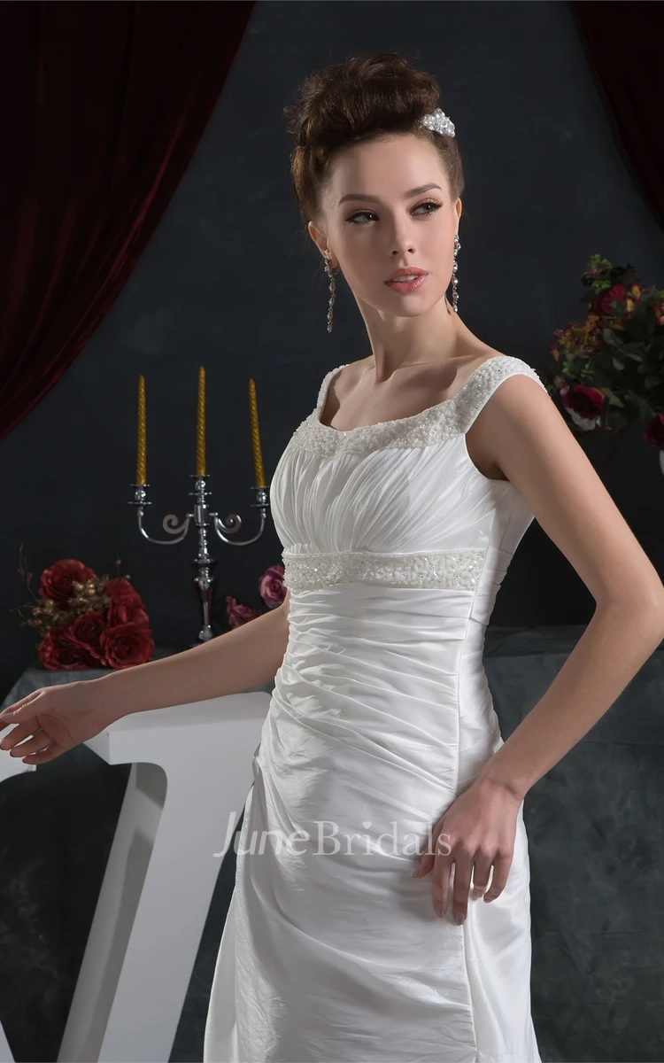 Strapped Ruched Taffeta A-Line Dress with Crystal Detailing