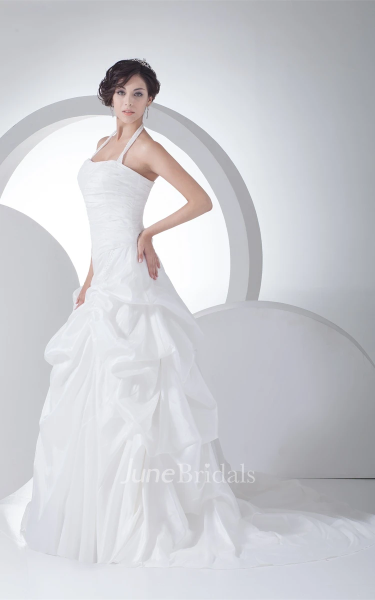 Ruched A-Line Pick-Up Gown with Halter and Corset Back