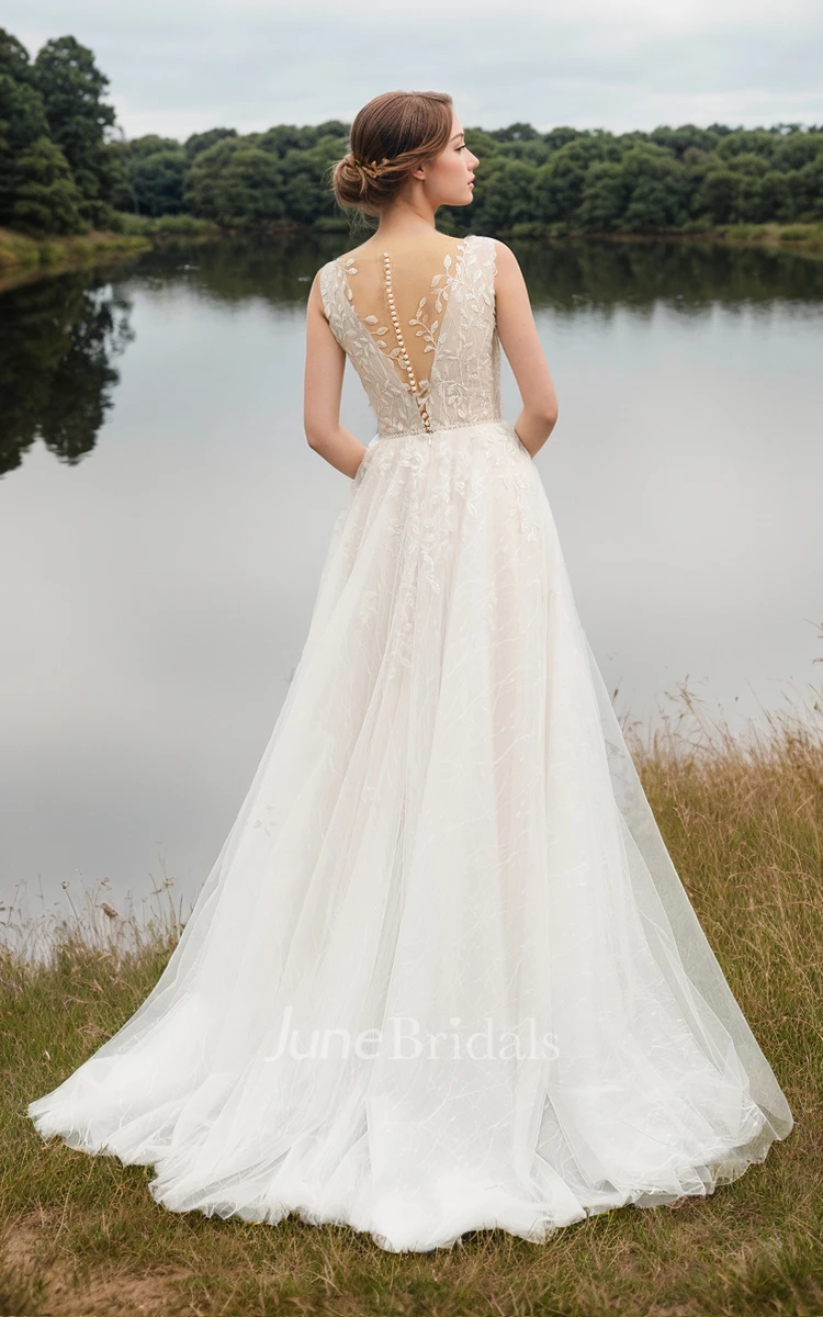 Elegant A-Line Boho Western Fall Autumn Wedding Dress Sleeveless Sweep Train Gown