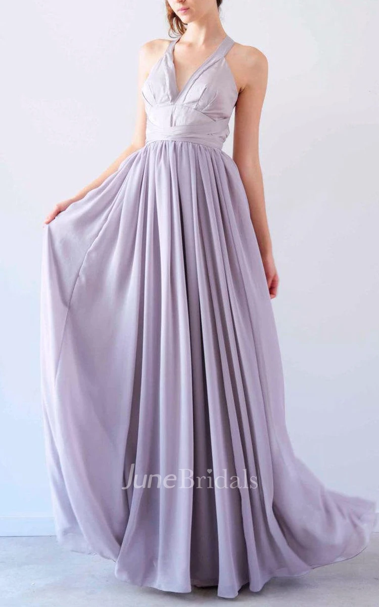 Lilac V Neck Halter Backless Chiffon Dress