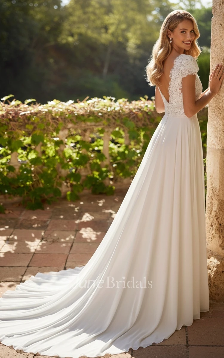 Ethereal A-Line V-neck Chiffon Lace Floor-length Wedding Gown Vintage Elegant Cap Sleeve Split Front Bridal Gown with Button Illusion Back