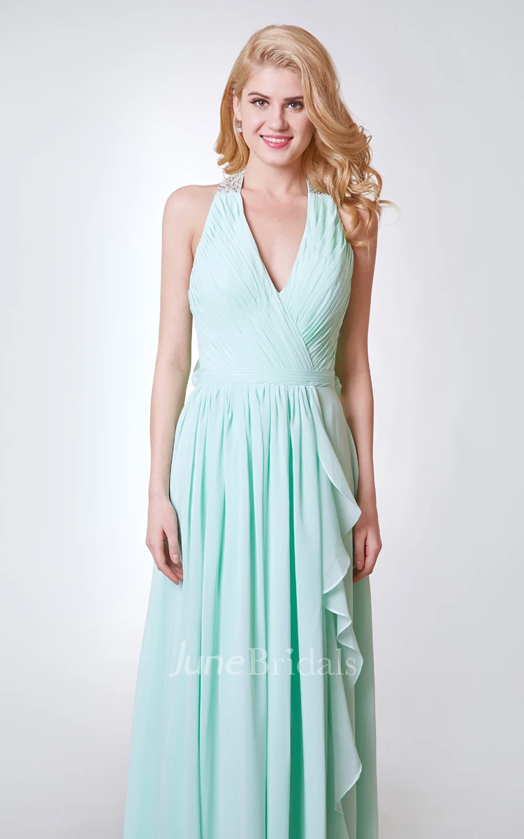 V-neck Ruched A-line Long Chiffon Dress With Illusion Back