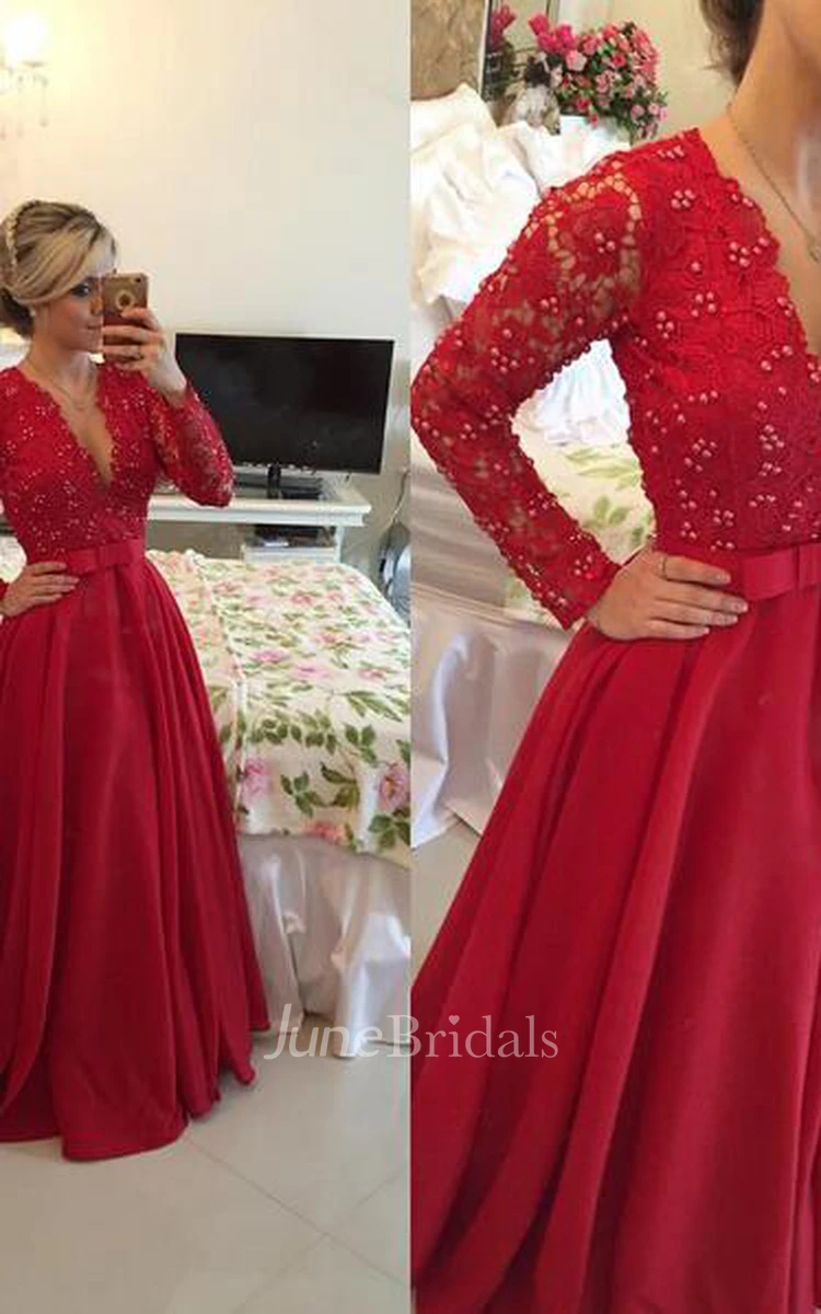 Delicate Red Chiffon Lace Prom Dress Pearls Long Sleeve