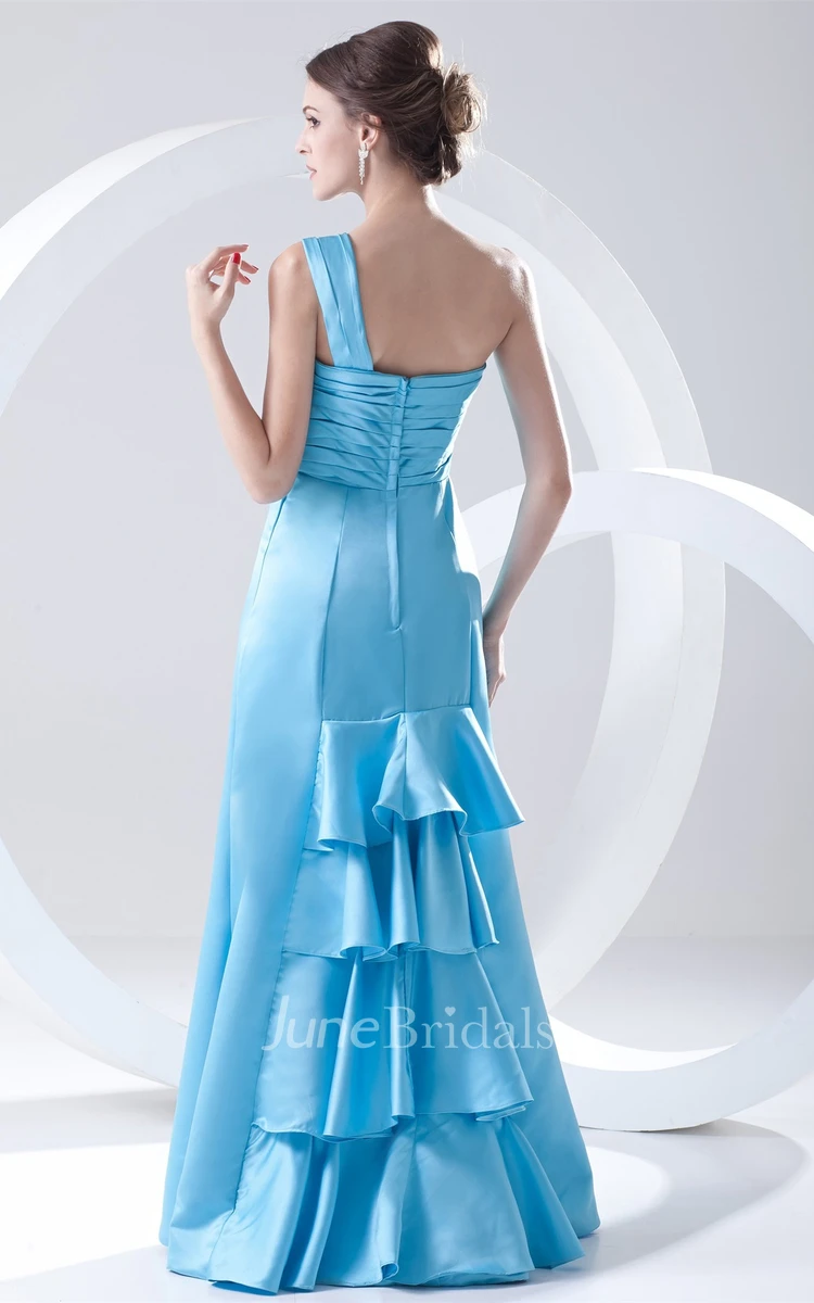 one-shoulder sheath floor-length dress with back tiers and ruching