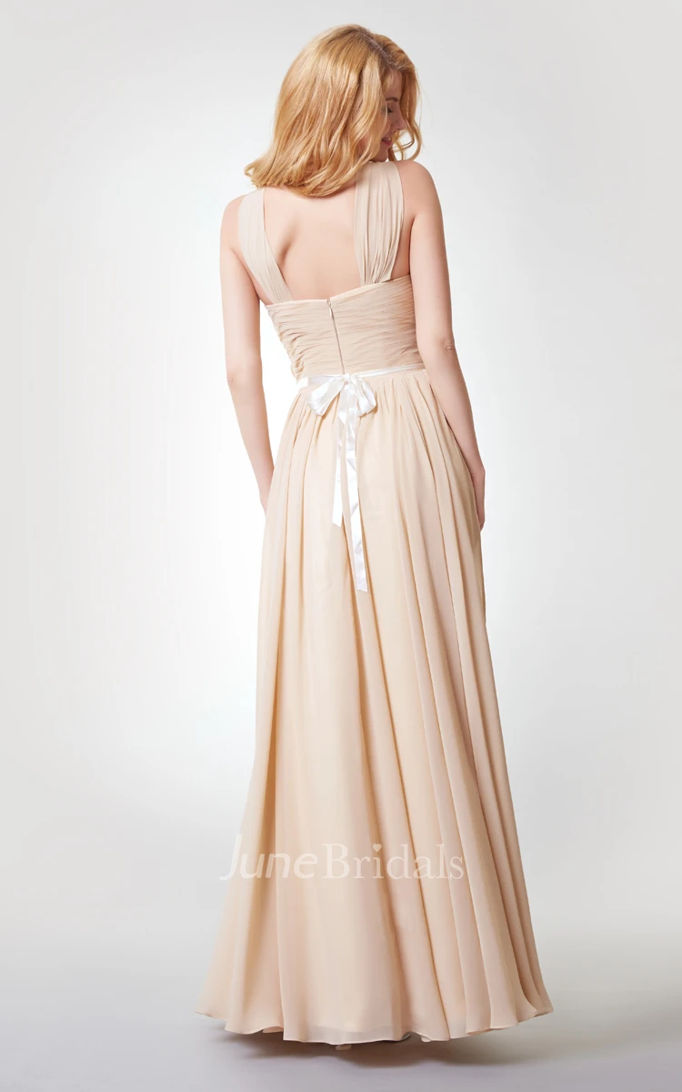 Sleeveless A-line Ruched Long Chiffon Dress With Pleats