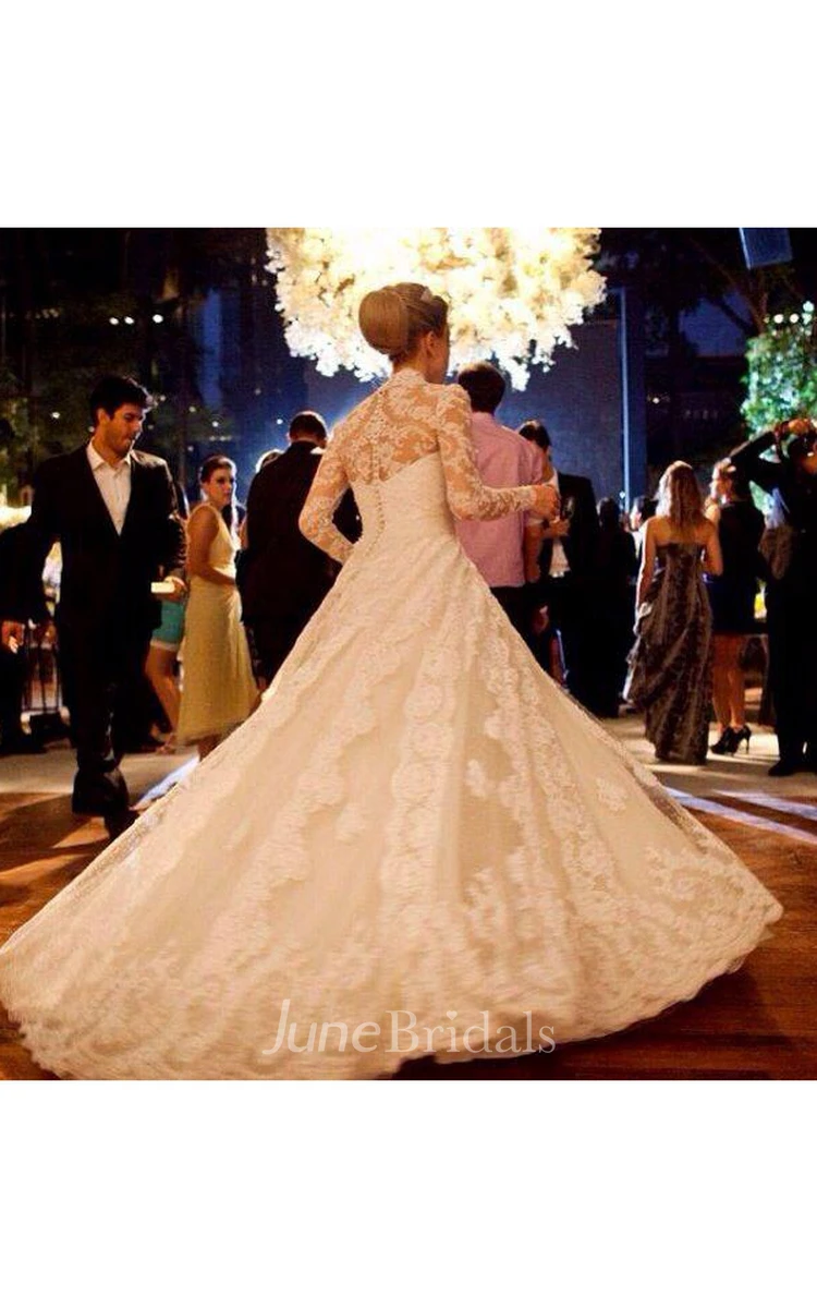 Elegant V-neck Long Sleeve Lace Wedding Dress Ball Gown