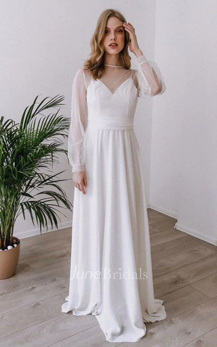 Modest A Line Floor-length Chiffon Bateau Long Sleeve Wedding Dress