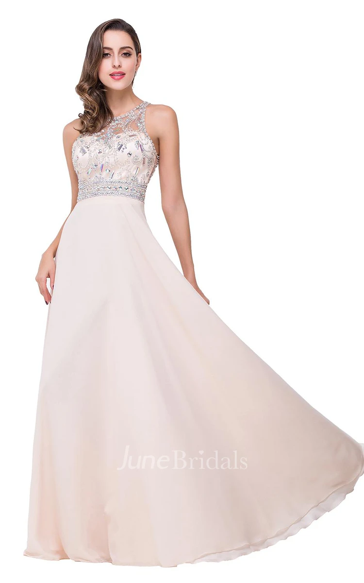 Elegant Beadings Chiffon A-line Prom Dress Zipper Illusion