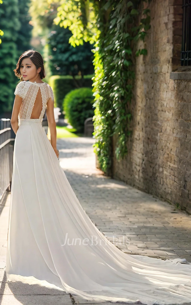 A-Line Boho Illusion Lace Cap Open Back Chiffon Trailing Wedding Dress