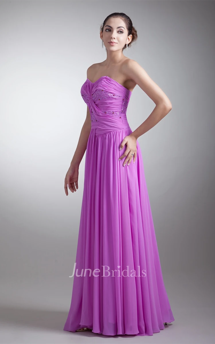 chiffon floor-length beaded dress with pleats and ruching