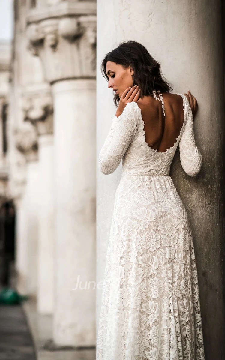 Elegant Lace Sheath Long Sleeves Bridal Gown with Low-V Back