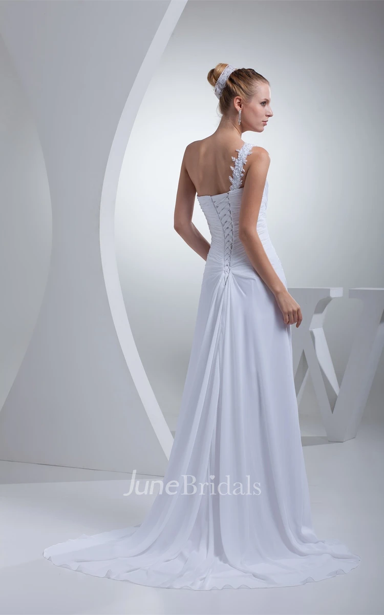 One-Shoulder Ruched Maxi Dress with Appliques and Brush Train