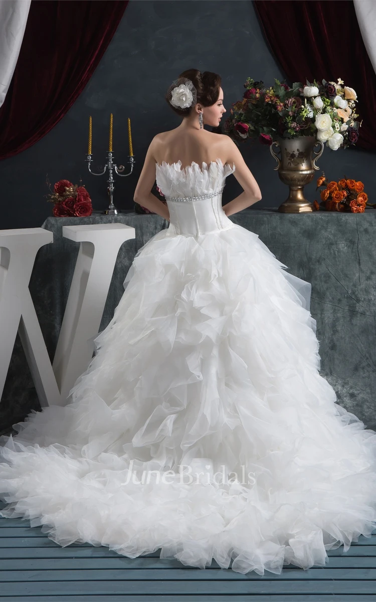 Strapless Ruffled A-Line Gown with Tiers and Jeweled Waist