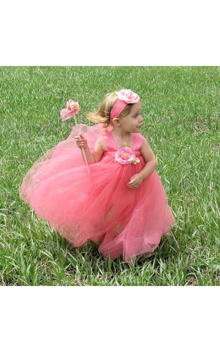 Sleeveless Pleated Long Tulle Dress With Flower