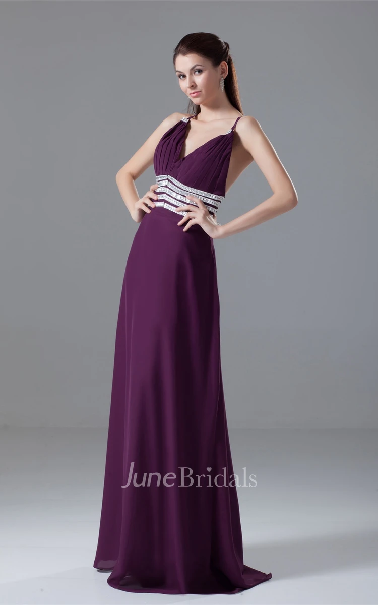 Spaghetti-Strap Chiffon Maxi Dress with Ruching and Gemmed Waist