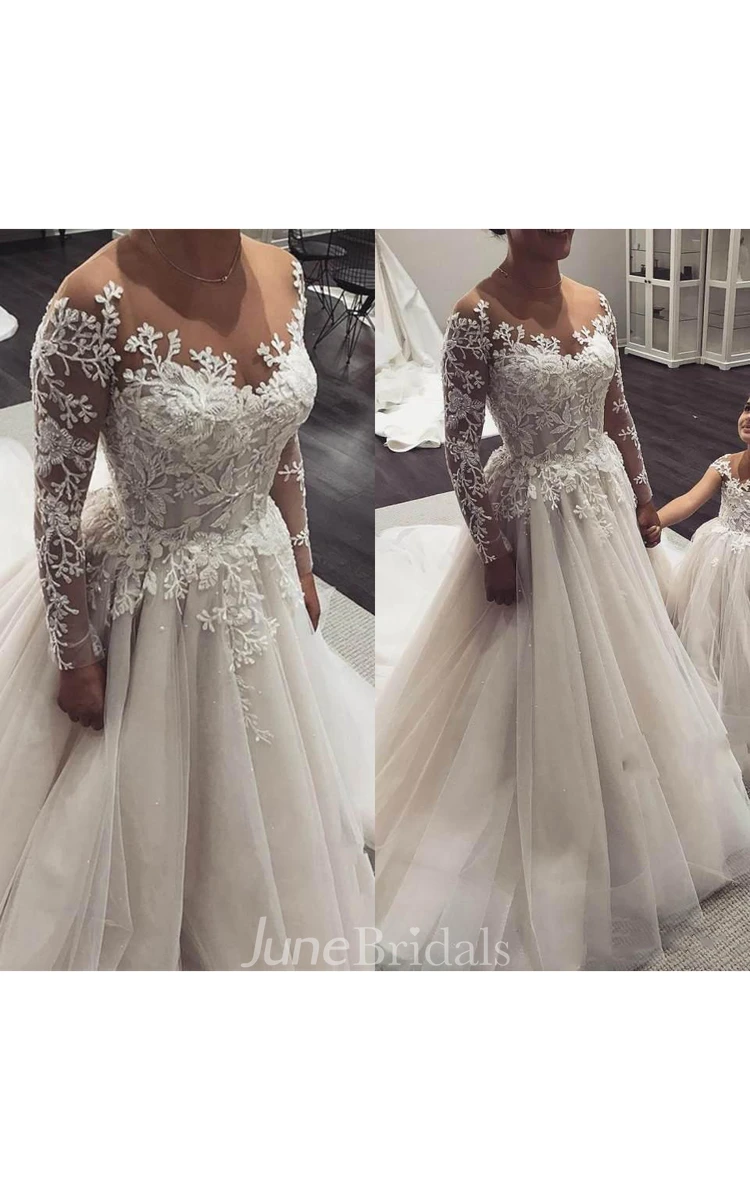 A-Line Vintage Jewel Appliques & Beading Court Train Lace-up Tulle Wedding Dress