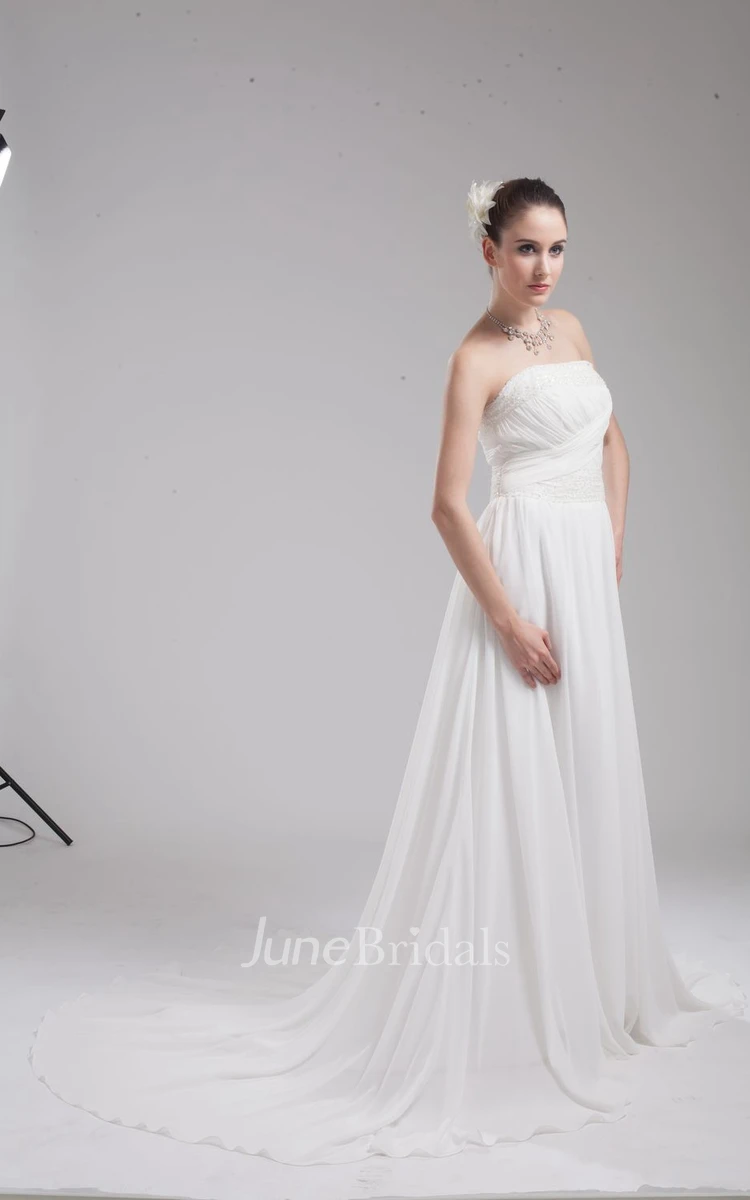 Ethereal Strapless Chiffon Maxi Dress With Ruching and Beading