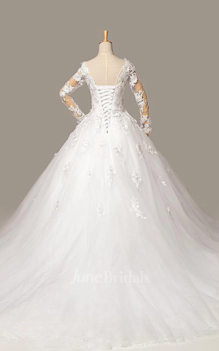 Gorgeous Long Sleeve Appliques Tulle Wedding Dresses Ball Gown Lace-up