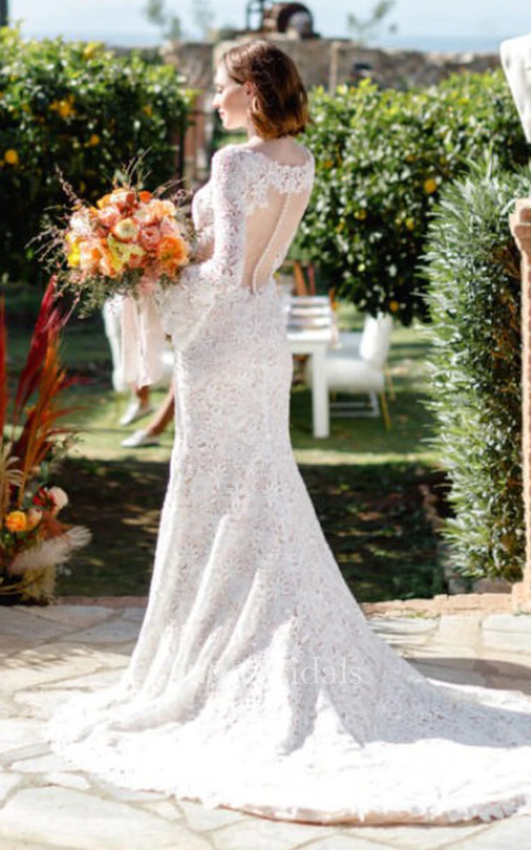 Lace Sheath Bohemian Bateau Beach Wedding Dress With  Illusion Back And Ruching