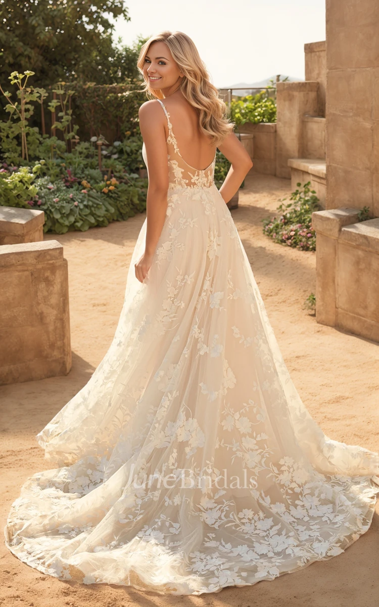Floral A-Line Flowy Fall Autumn Boho Wedding Dress V-neck Backless Straps Sweep Train Lace Gown