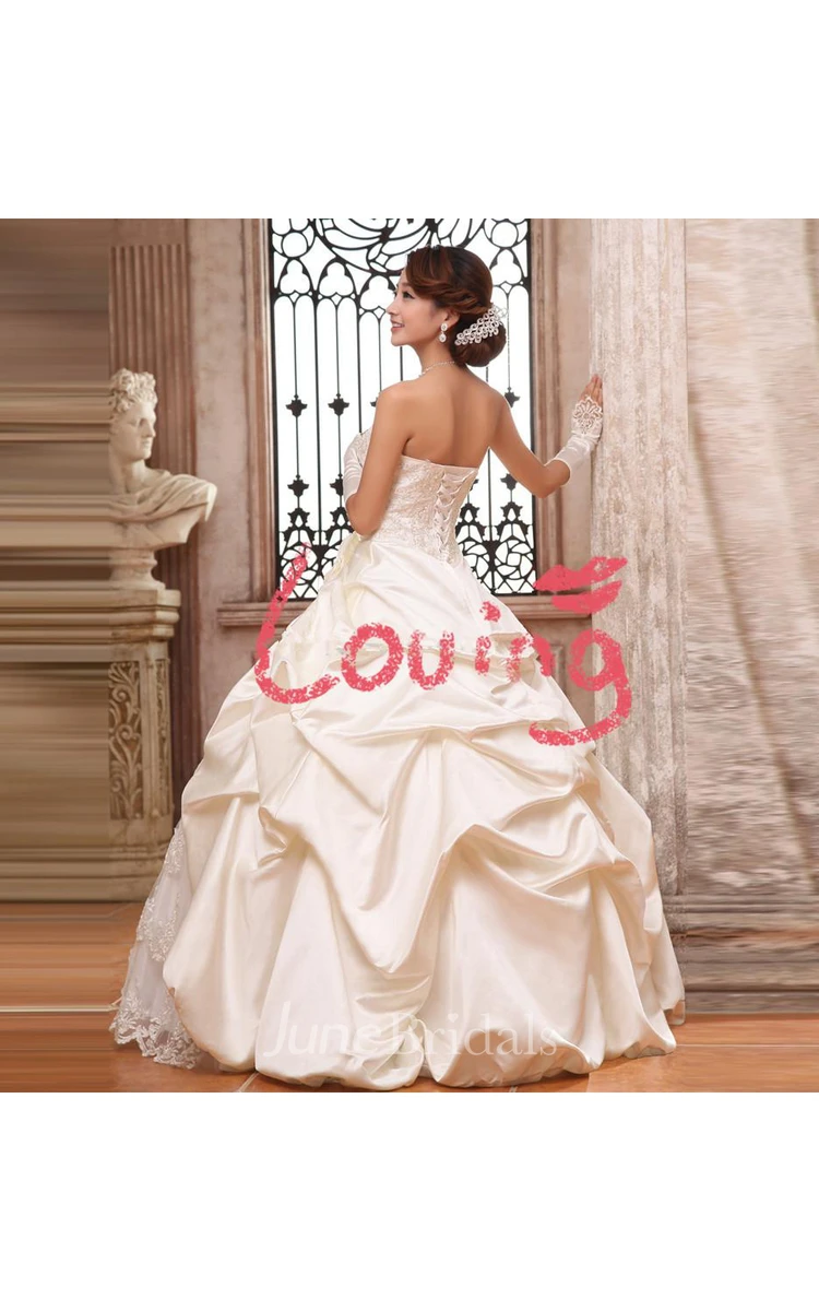 Glamorous Strapless Lace Appliques Taffeta Wedding Dresses Ball Gown