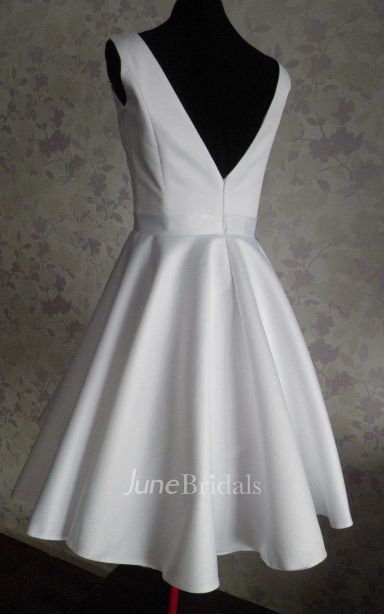 Audrey Hepburn 1950 Vintage Inspired Wedding Dress With Tea Length Skirt With V Shaped Back Cutout