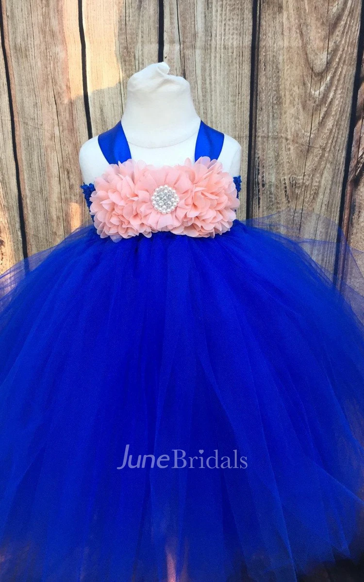 Satin strapped Tulle Dress With Beading&Flower&Sash Ribbon