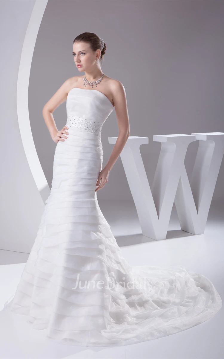Strapless A-Line Dress with Overall Ruched Design and Gemmed Waist
