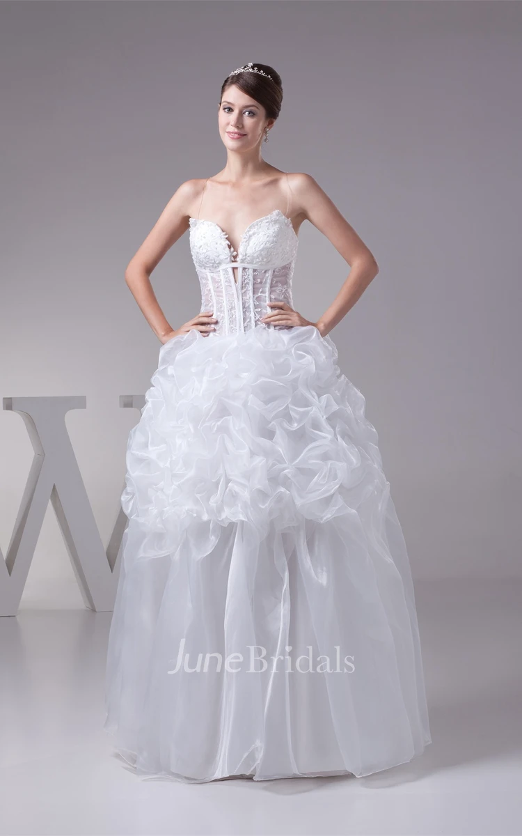 Plunged Ruffled Ball Gown with Appliques and Illusion Bodice