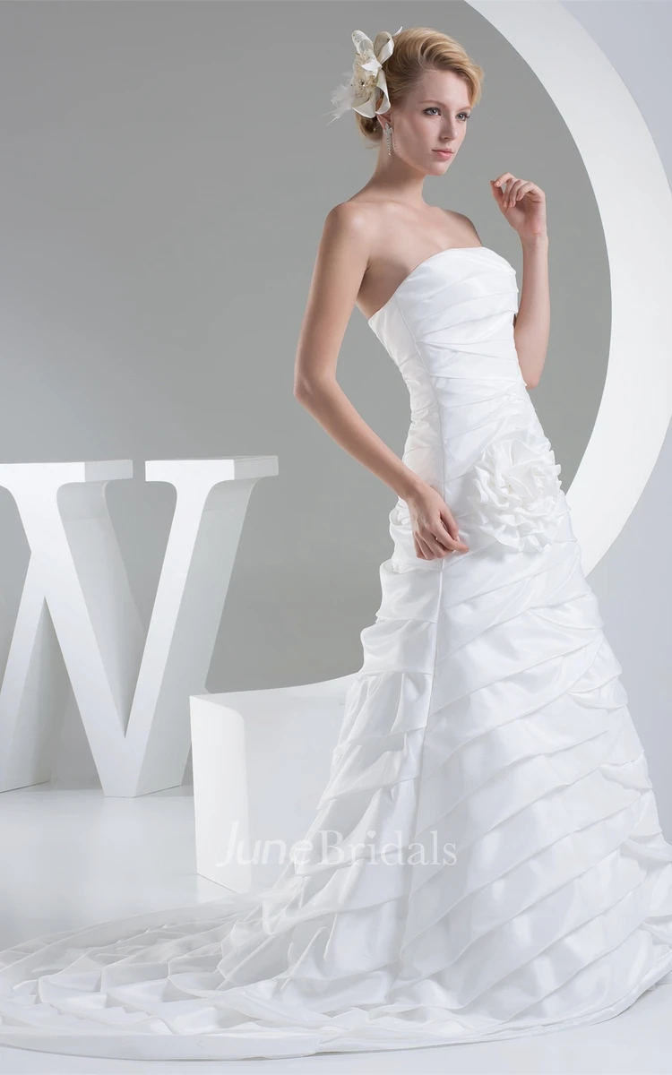 Strapless A-Line Satin Dress with Flower and Ruched Design