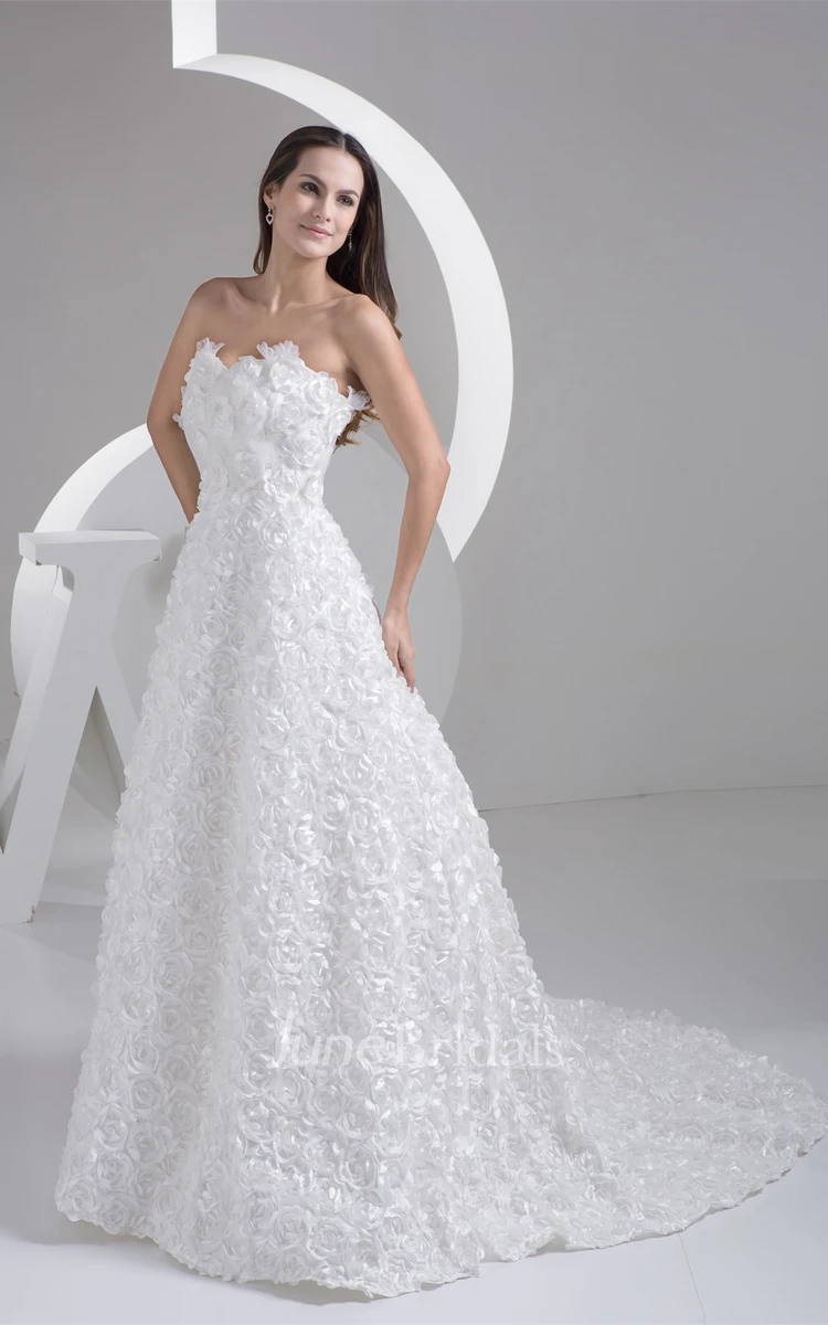 Floral Sweetheart A-Line Gown with Ruffles and Brush Train