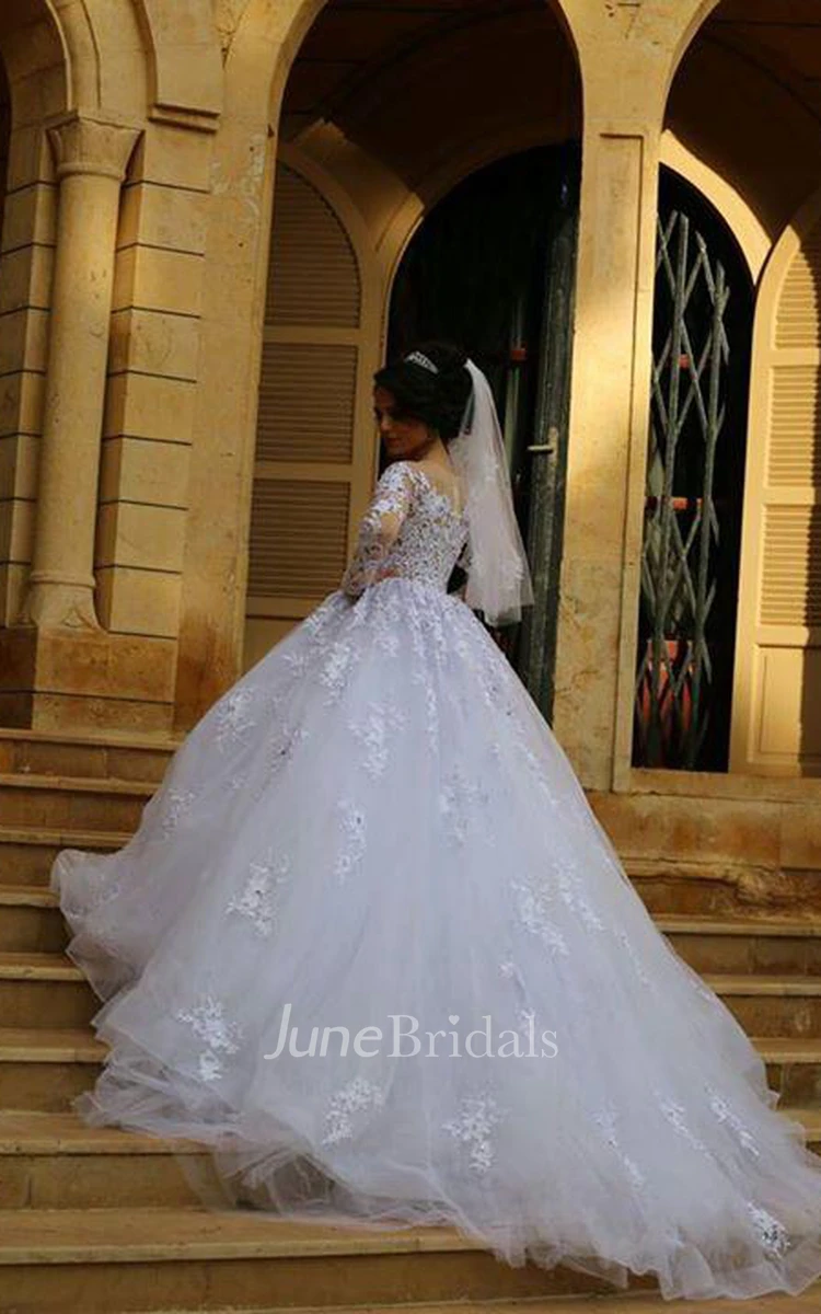Glamorous Illusion Tulle Lace Appliques Wedding Dress Long Sleeve Zipper