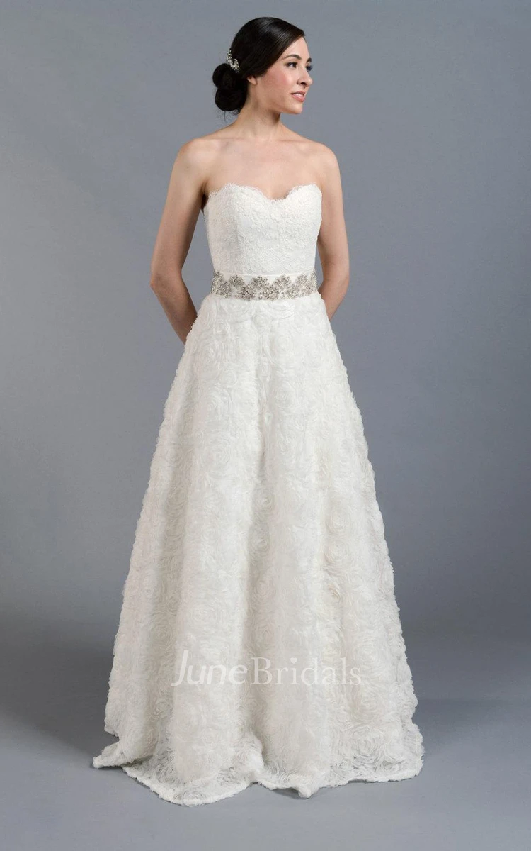 Sweetheart Pleated Beaded Waist Lace Dress With Rosette Skirt