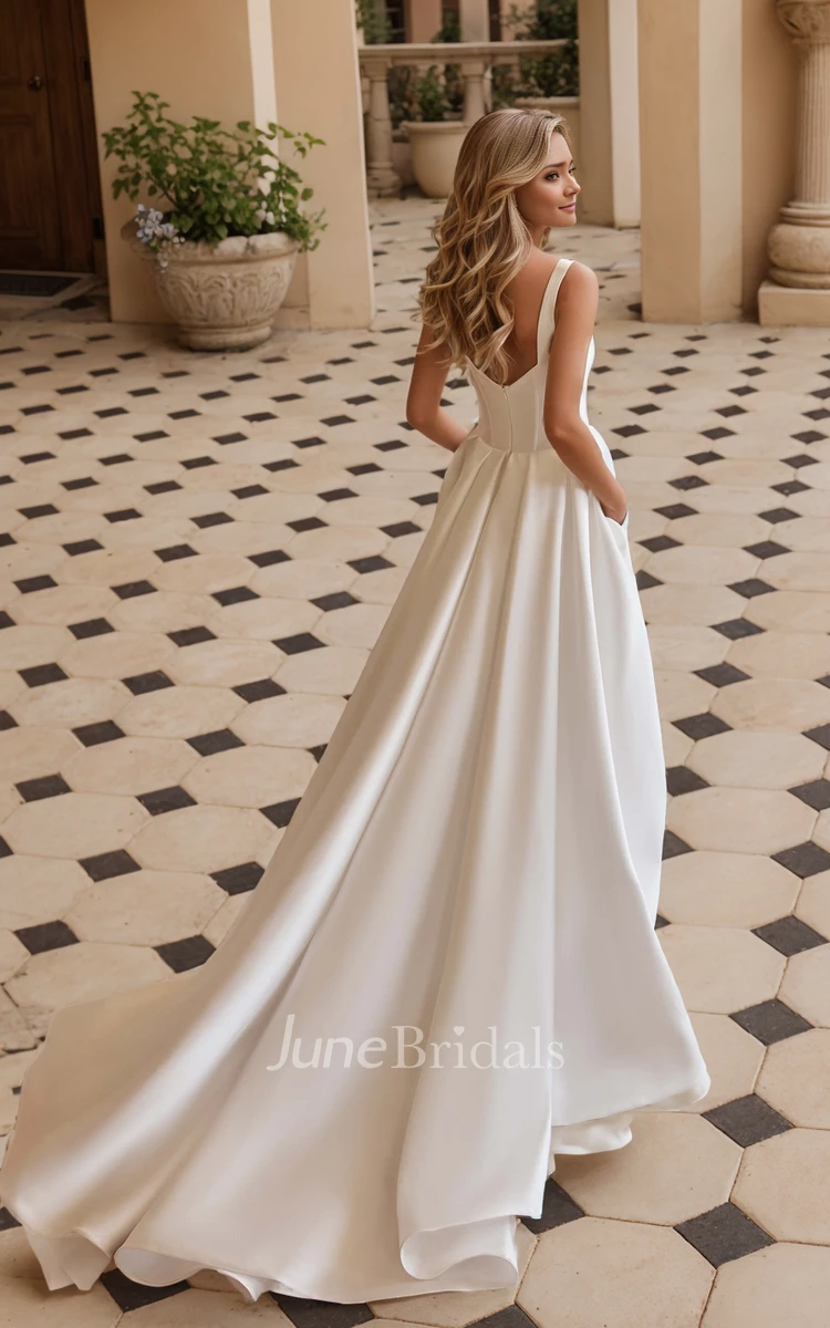 Simple Modest Square Neckline A-Line Wedding Dress with Pocket Elegant Formal Wide Spaghetti Strap Split Front Court Train Bridal Gown