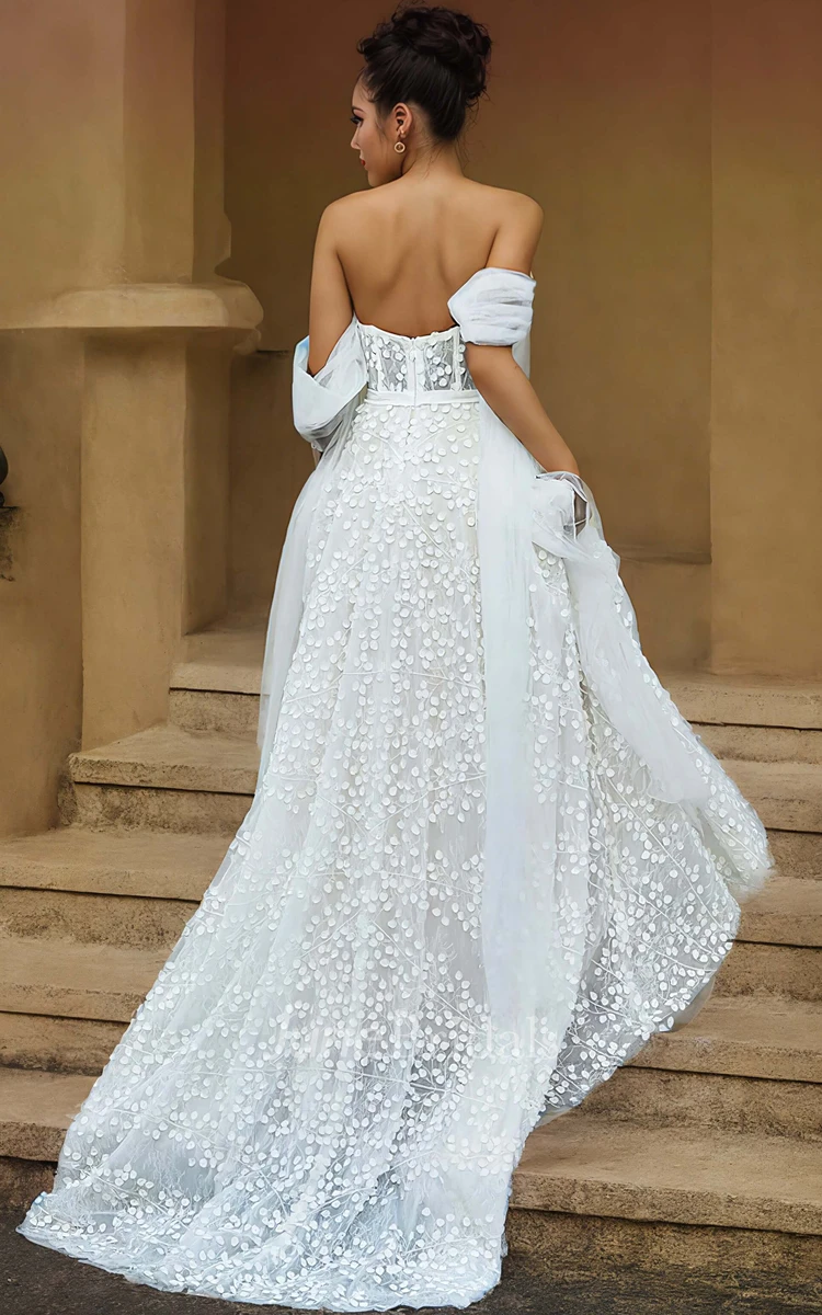 Ethereal A-Line Boho Lace Off-the-Shoulder Corset Wedding Dress Sexy Appliques Sweetheart Bridal Gown with Sweep Train