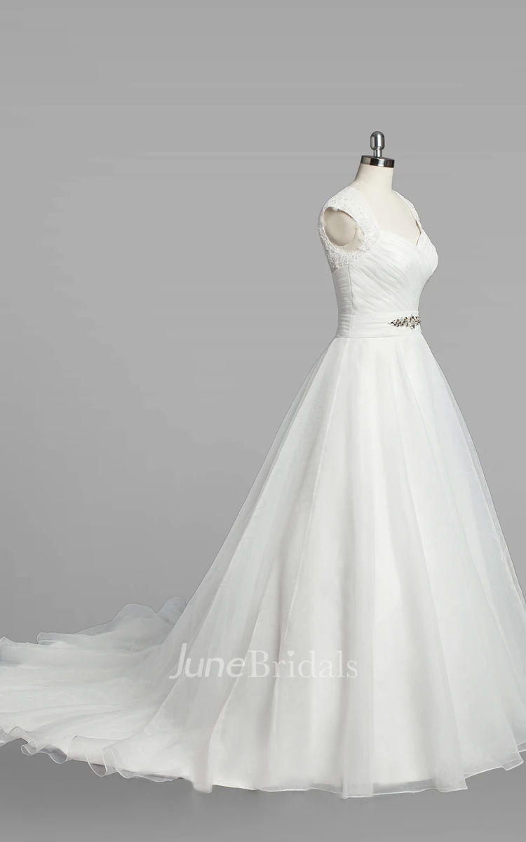 Queen-Anne Neck Cap Sleeve A-Line Organza Wedding Dress With Ruching and Beading