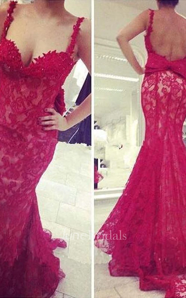 Gorgeous Red Lace Mermaid Evening Dress Bowknot Straps