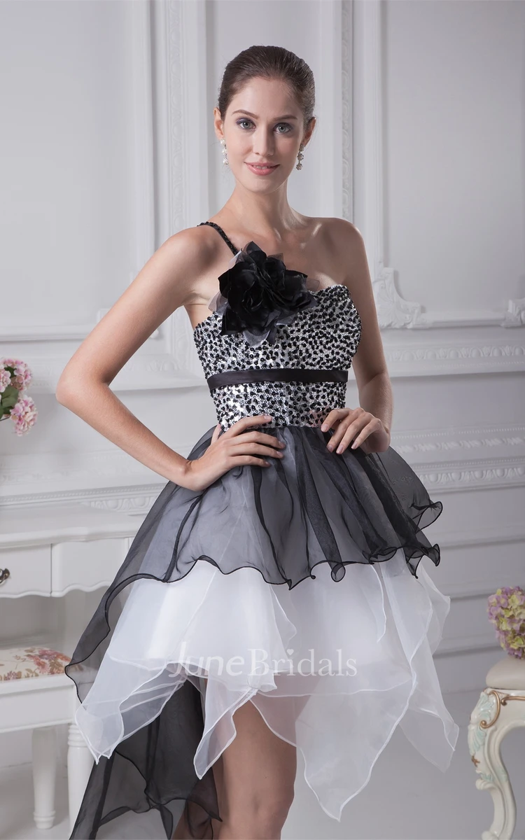 High-Low Flowered One-Shoulder Beaded Bodice Gown with Layered Ruffles