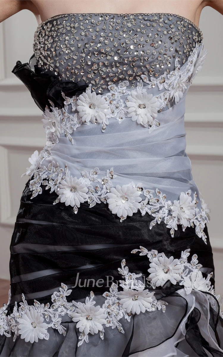 Black-And-White Tiered A-Line Gown with Flower and Rhinestone