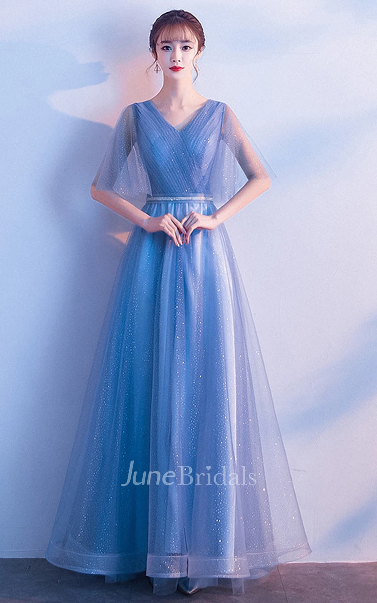 Modern Tulle V-neck A Line Prom Formal Dress With Ruching