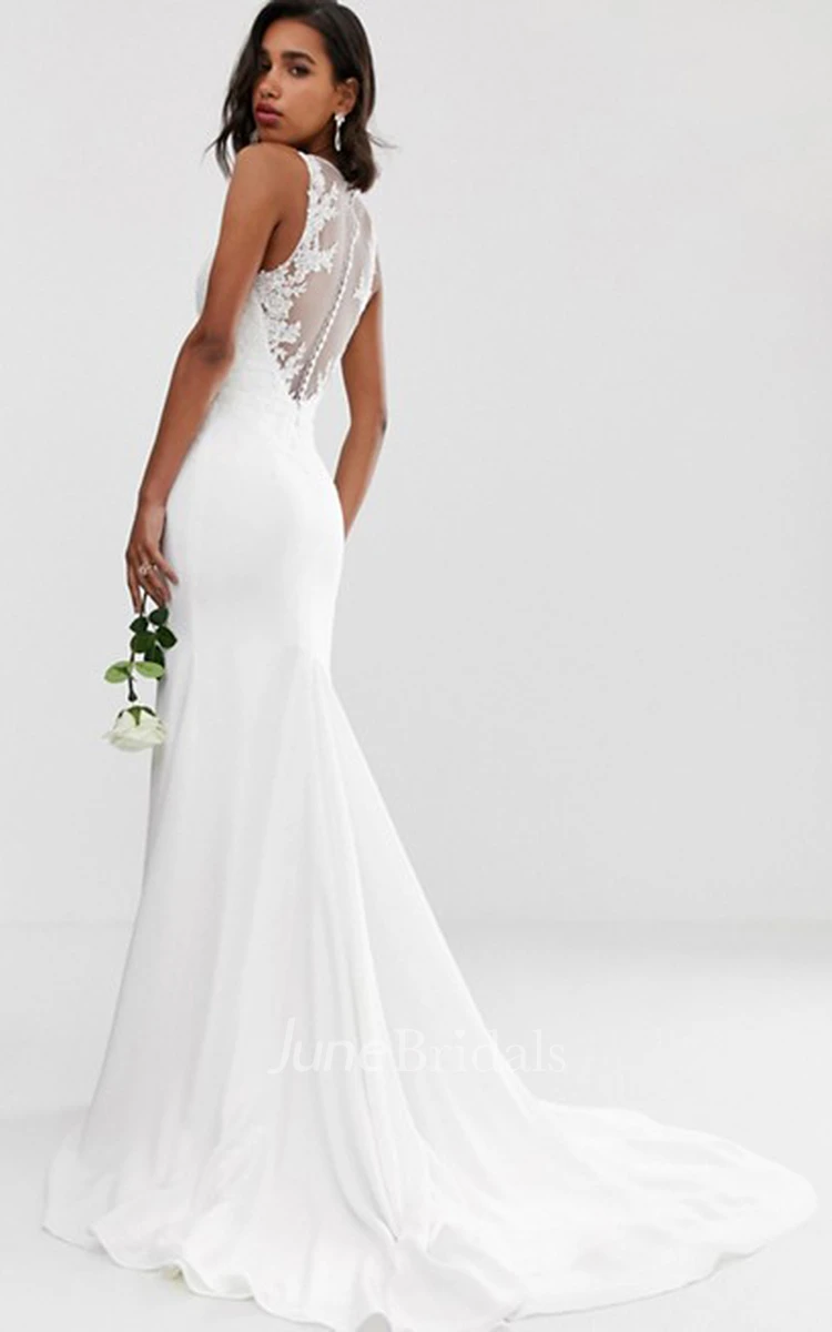 Ethereal Chiffon Sheath Straps Button Back Wedding Dress with Applique