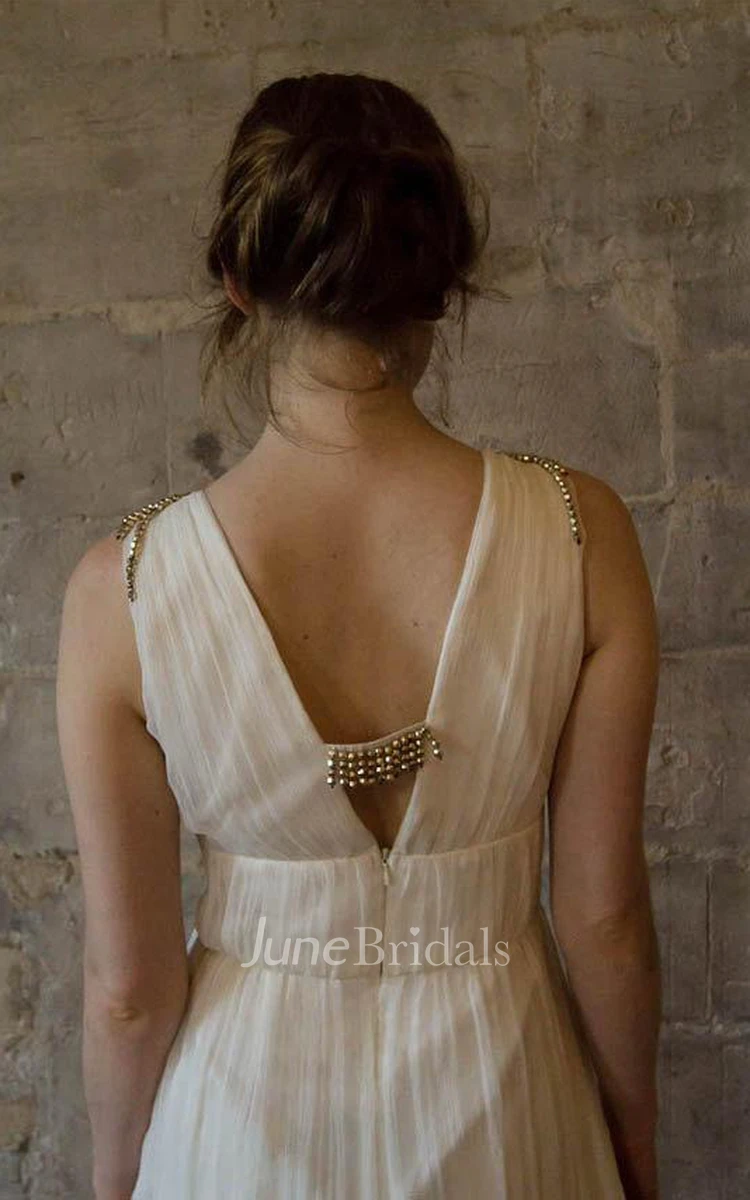 V-Neck Sleeveless Chiffon Wedding Dress With Beading And Low-V Back