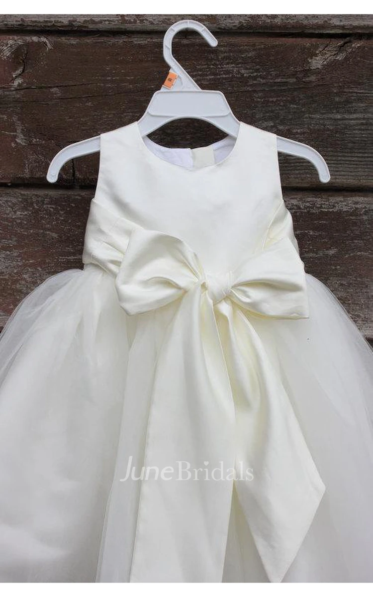 Ivory Petals Sleeveless Jewel Neck Tulle Toddler Dress With Elegant Bow Sash