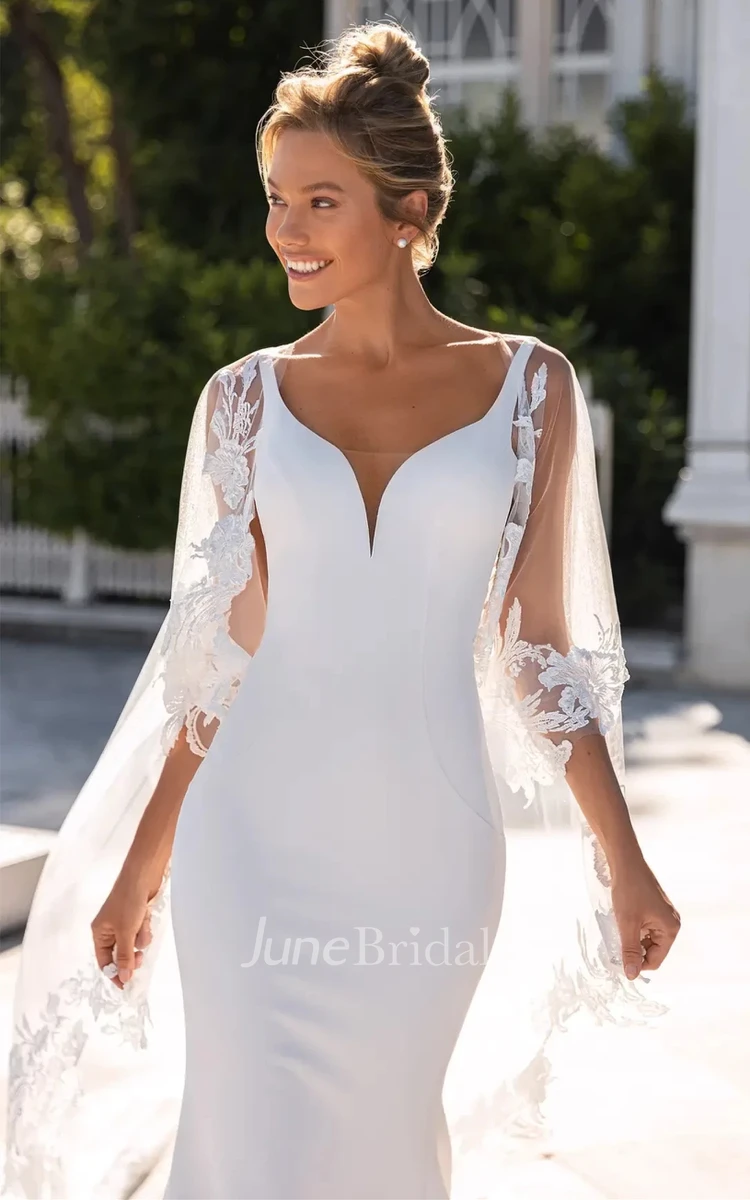 Gorgeous Mermaid Plunging V-neck Chiffon Wedding Dress with Appliques