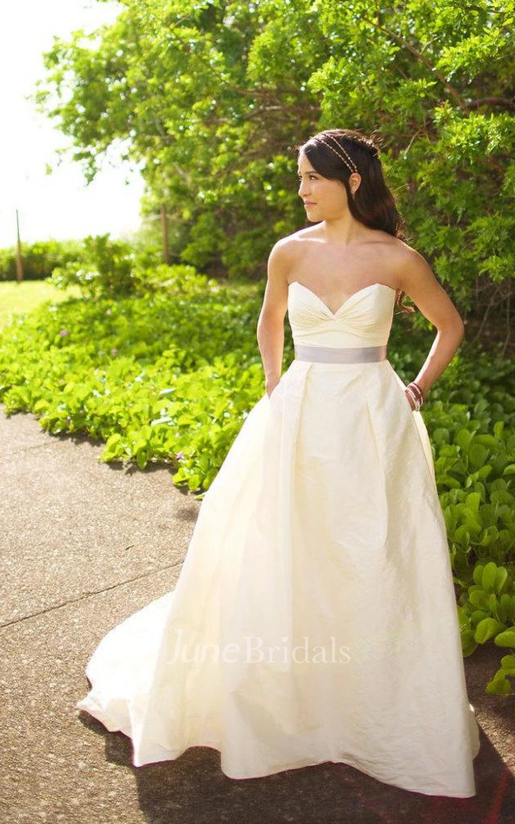 Deep Sweetheart Long A-Line Taffeta Wedding Dress With Satin Belt