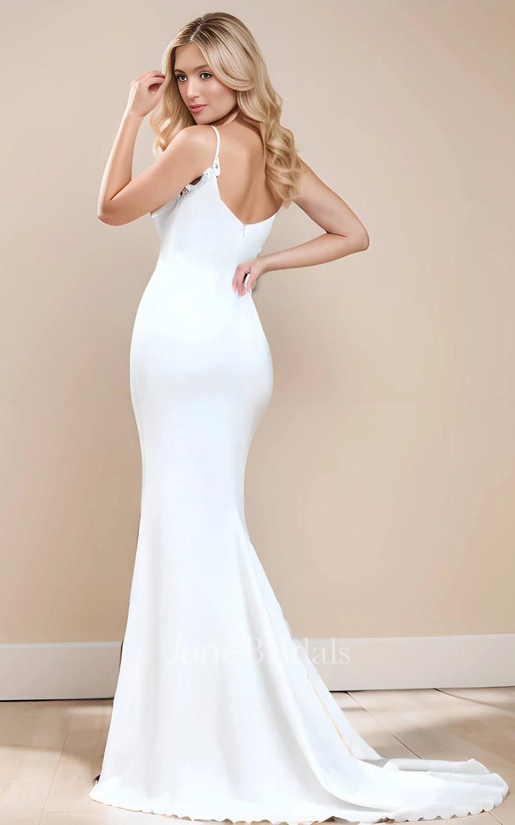 Simple V-neck Casual Sexy Mermaid Sleeveless Floor-length Wedding Dress with Split