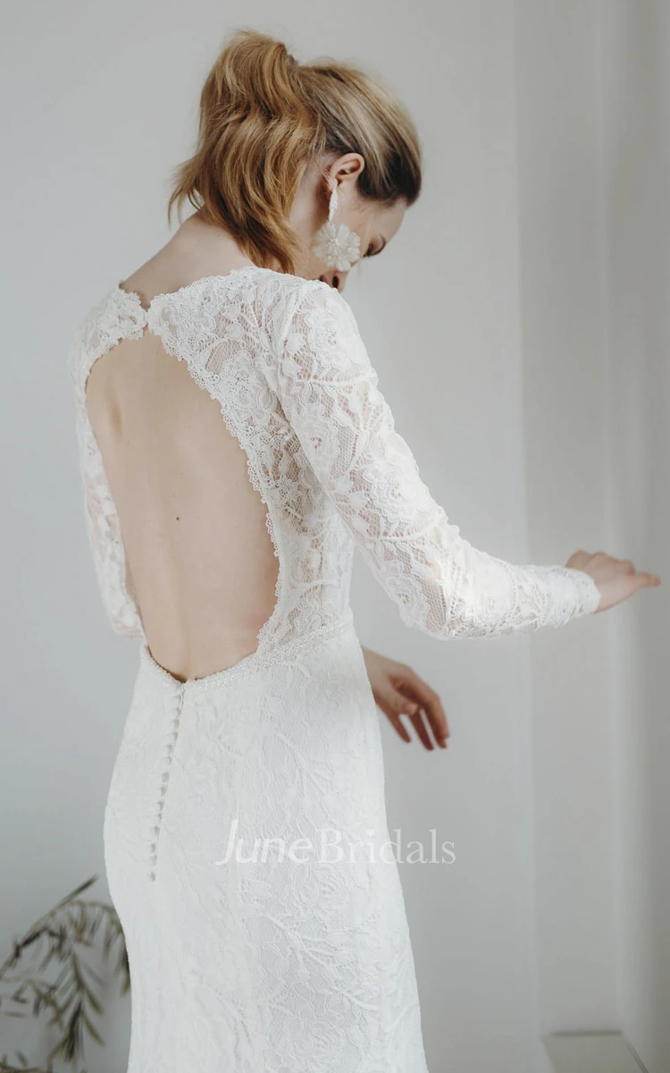 Lace Plunging V-neck Sexy Sheath Bridal Gown With Long Sleeves And Keyhole Back